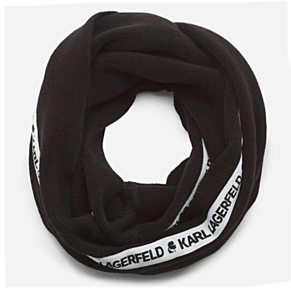 NWT Karl Lagerfeld Black Knit Name Logo Band Infinity Scarf - Picture 2 of 14